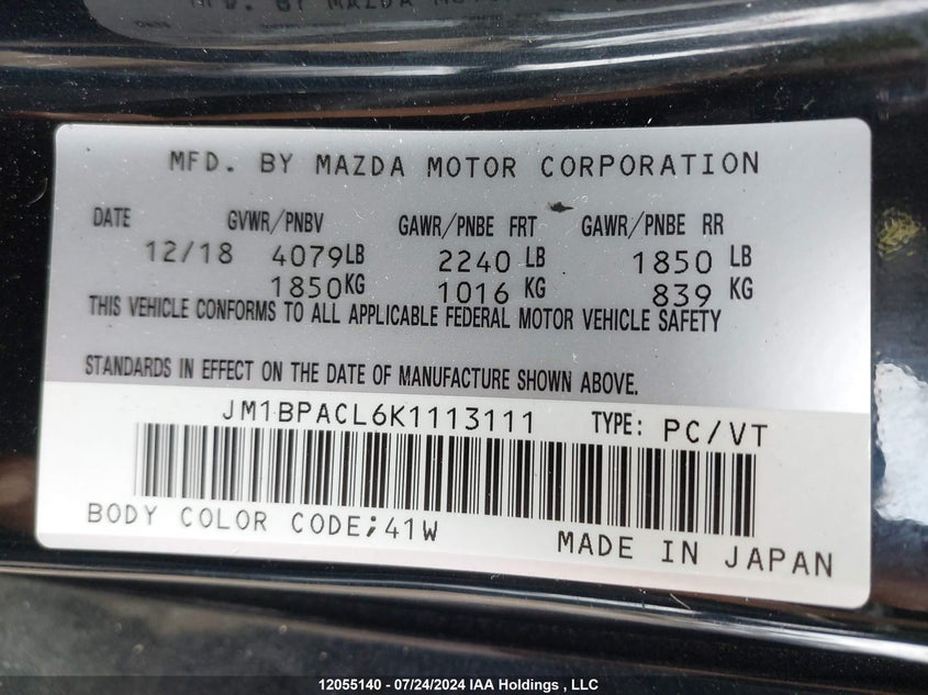 2019 Mazda 3 Preferred Plus VIN: JM1BPACL6K1113111 Lot: 12055140
