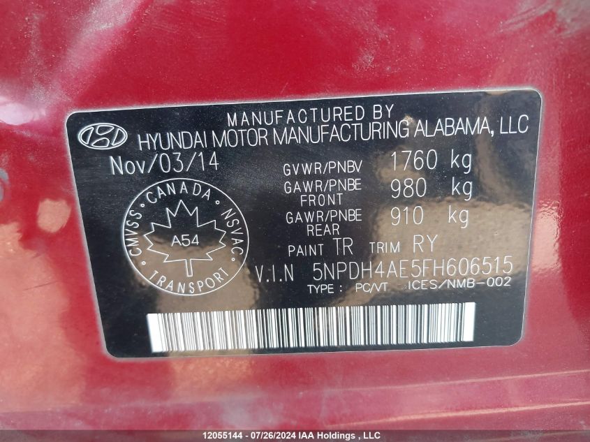 2015 Hyundai Elantra Gl VIN: 5NPDH4AE5FH606515 Lot: 12055144