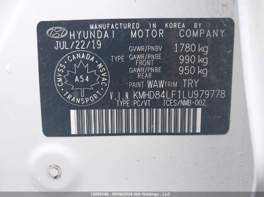 2020 Hyundai Elantra Sel/Value/Limited VIN: KMHD84LF1LU979778 Lot: 12055146