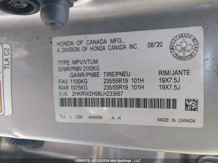 2020 Honda Cr-V Touring VIN: 2HKRW2H98LH233667 Lot: 12055170