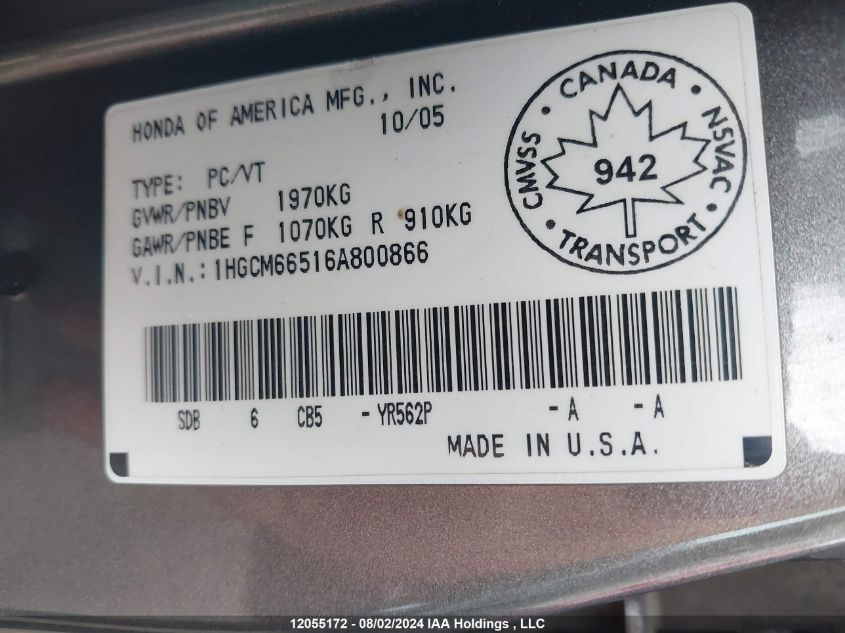 2006 Honda Accord Sdn VIN: 1HGCM66516A800866 Lot: 12055172