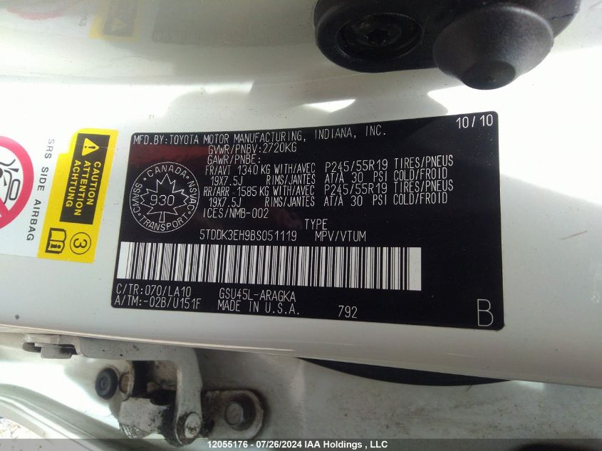 2011 Toyota Highlander V6 Limited VIN: 5TDDK3EH9BS051119 Lot: 12055176