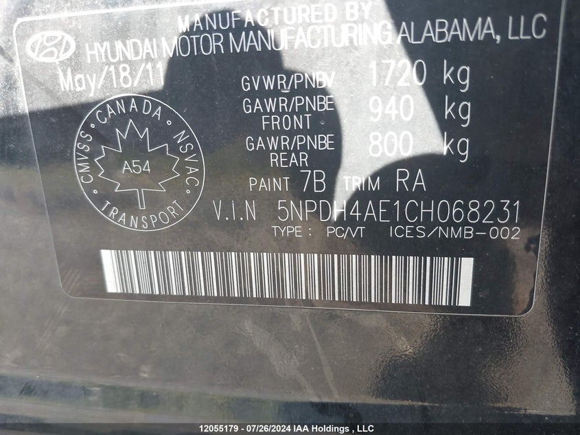 2012 Hyundai Elantra Gls/Limited VIN: 5NPDH4AE1CH068231 Lot: 12055179