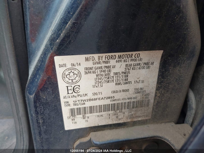 2015 Ford F250 Super Duty VIN: 1FT7W2B68FEA72893 Lot: 12055194