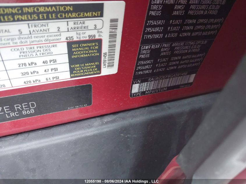 2016 Land Rover Range Rover Sport Svr VIN: SALWZ2EF6GA591456 Lot: 12055198