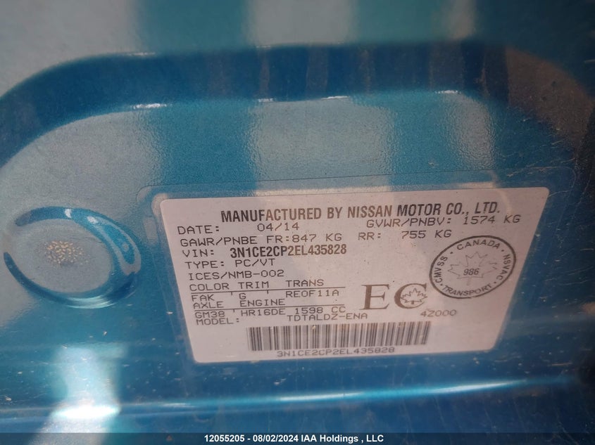 2014 Nissan Versa Note S/S Plus/Sv/Sl VIN: 3N1CE2CP2EL435828 Lot: 12055205