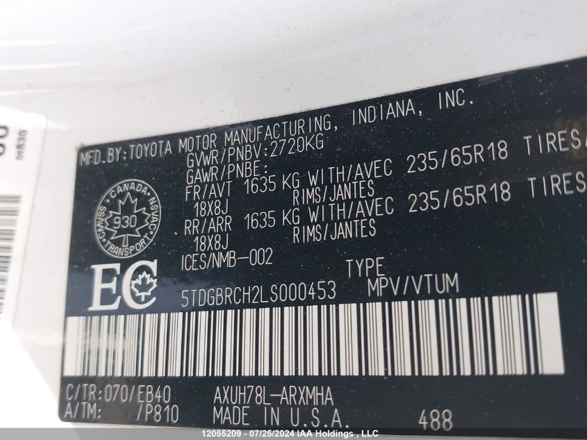 2020 Toyota Highlander VIN: 5TDGBRCH2LS000453 Lot: 12055209