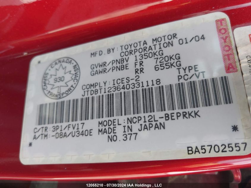 2004 Toyota Echo VIN: JTDBT123640331118 Lot: 12055210