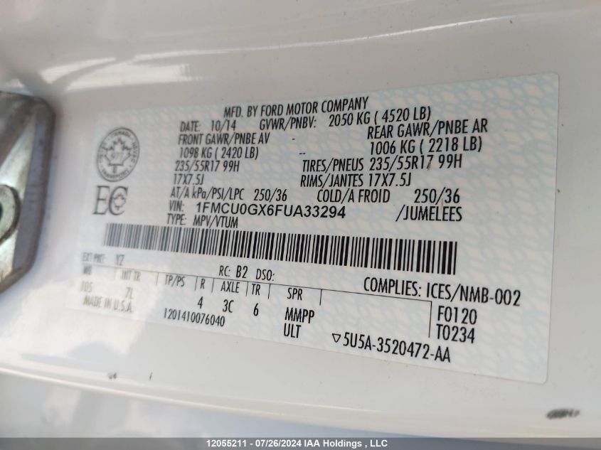 2015 Ford Escape Se VIN: 1FMCU0GX6FUA33294 Lot: 12055211