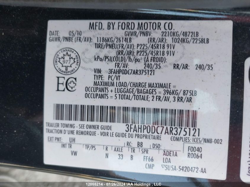 2010 Ford Fusion VIN: 3FAHP0DC7AR375121 Lot: 12055214