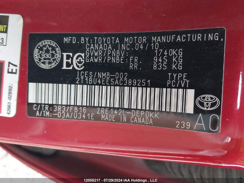 2010 Toyota Corolla Ce VIN: 2T1BU4EE5AC389251 Lot: 12055217