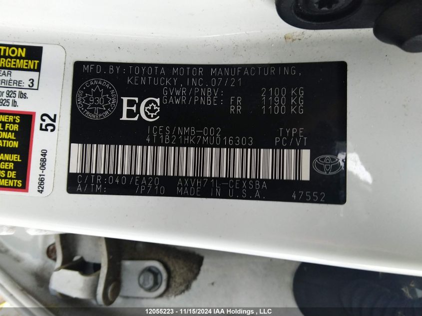 2021 Toyota Camry Xle/Se VIN: 4T1B21HK7MU016303 Lot: 12055223