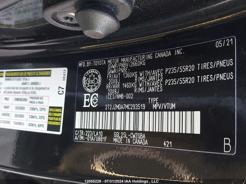 2021 Lexus Rx 350 VIN: 2T2JZMDA7MC293519 Lot: 12055229