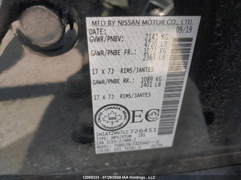 2020 Nissan Rogue VIN: 5N1AT2MV7LC726451 Lot: 12055233