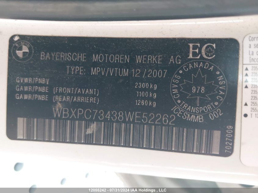 2008 BMW X3 VIN: WBXPC73438WE52262 Lot: 12055242