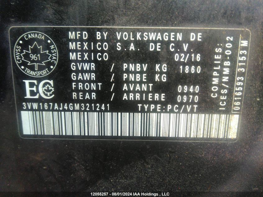 2016 Volkswagen Jetta VIN: 3VW167AJ4GM321241 Lot: 12055257