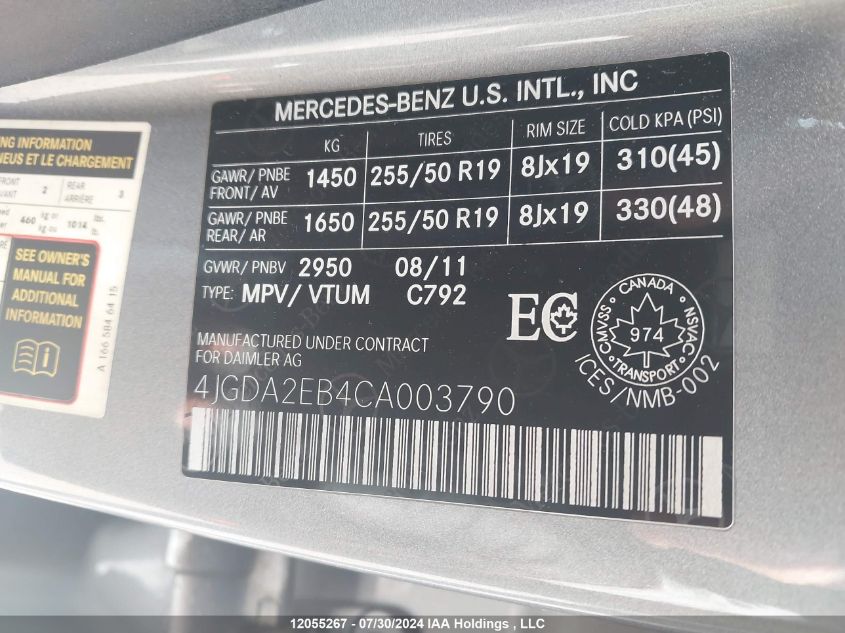 2012 Mercedes-Benz Ml 350 Bluetec VIN: 4JGDA2EB4CA003790 Lot: 12055267