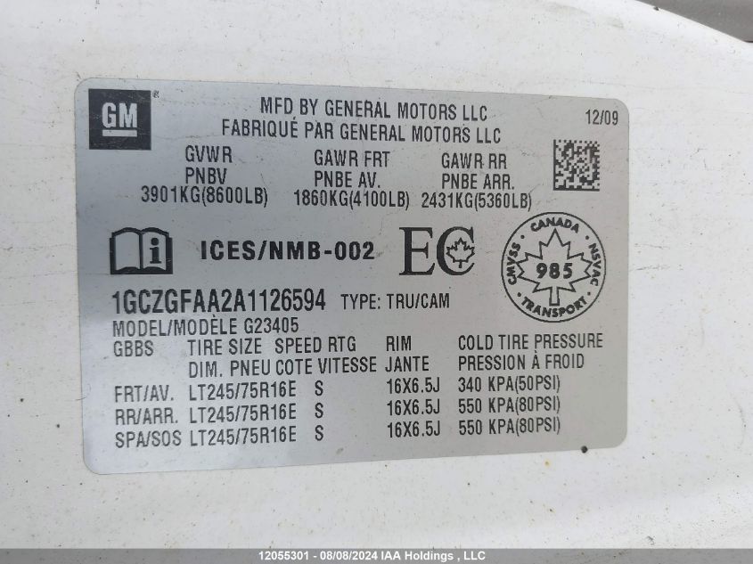 2010 Chevrolet Express G2500 VIN: 1GCZGFAA2A1126594 Lot: 12055301