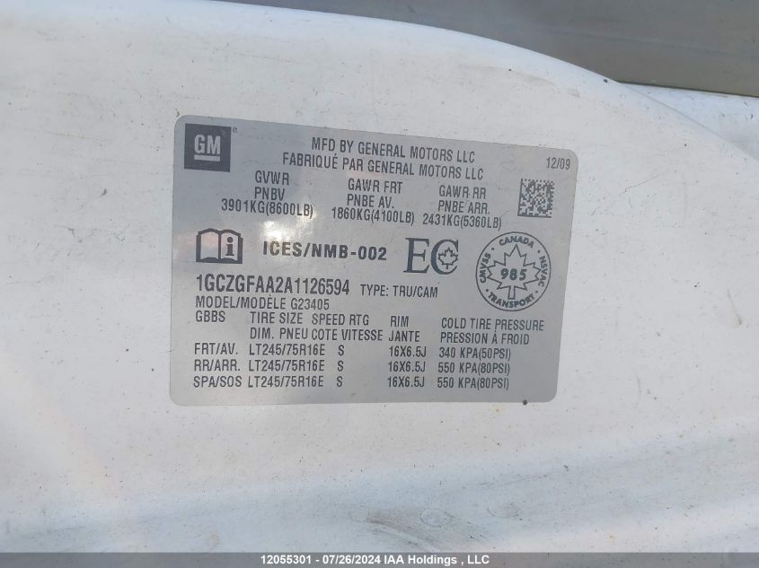 2010 Chevrolet Express G2500 VIN: 1GCZGFAA2A1126594 Lot: 12055301