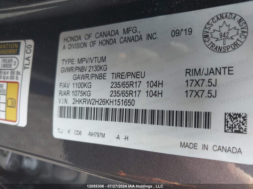 2019 Honda Cr-V VIN: 2HKRW2H26KH151650 Lot: 12055306