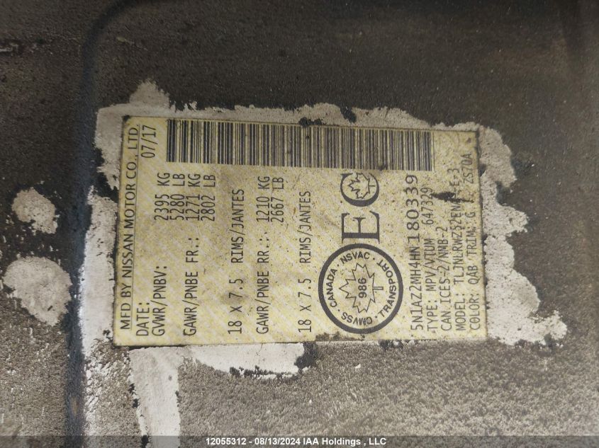 2017 Nissan Murano S/Sl/Sv/Platinum VIN: 5N1AZ2MH4HN180339 Lot: 12055312