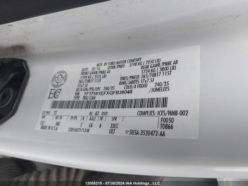 2016 Ford F-150 VIN: 1FTFW1EFXGFB38048 Lot: 12055315