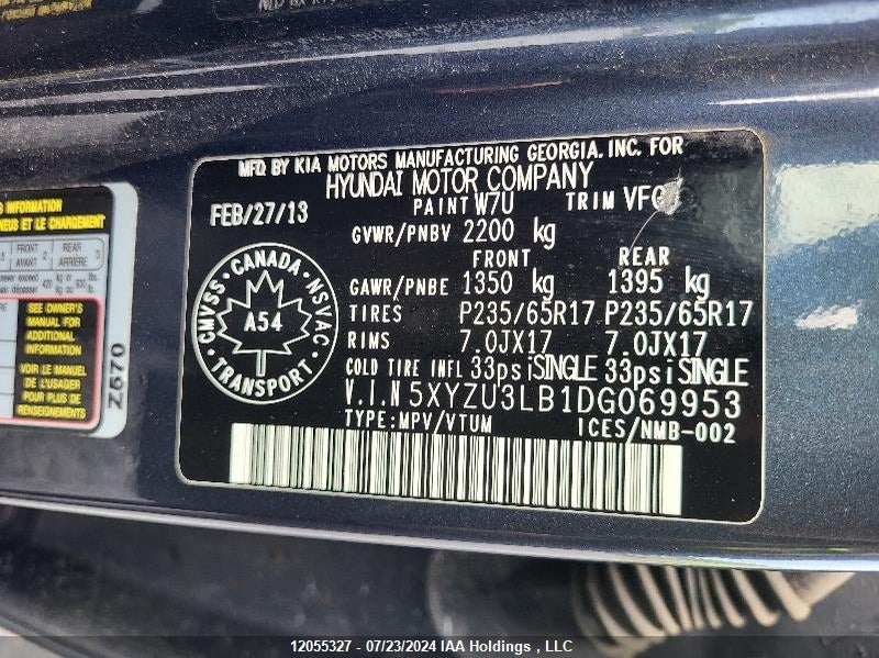 2013 Hyundai Santa Fe Sport VIN: 5XYZU3LB1DG069953 Lot: 12055327