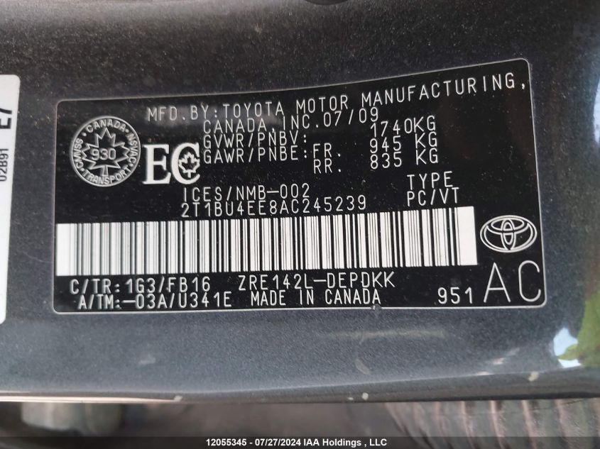 2010 Toyota Corolla Ce VIN: 2T1BU4EE8AC245239 Lot: 12055345