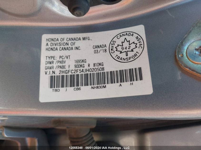 2018 Honda Civic Lx VIN: 2HGFC2F54JH020508 Lot: 12055348