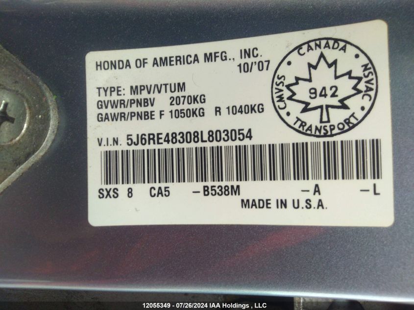 2008 Honda Cr-V Lx VIN: 5J6RE48308L803054 Lot: 12055349