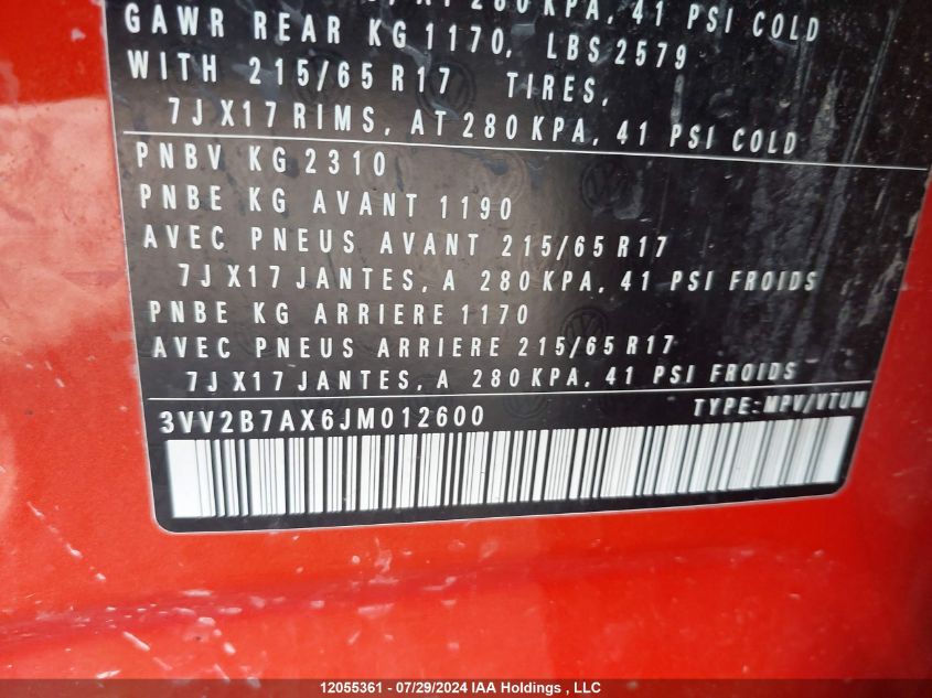 2018 Volkswagen Tiguan Se/Sel VIN: 3VV2B7AX6JM012600 Lot: 12055361