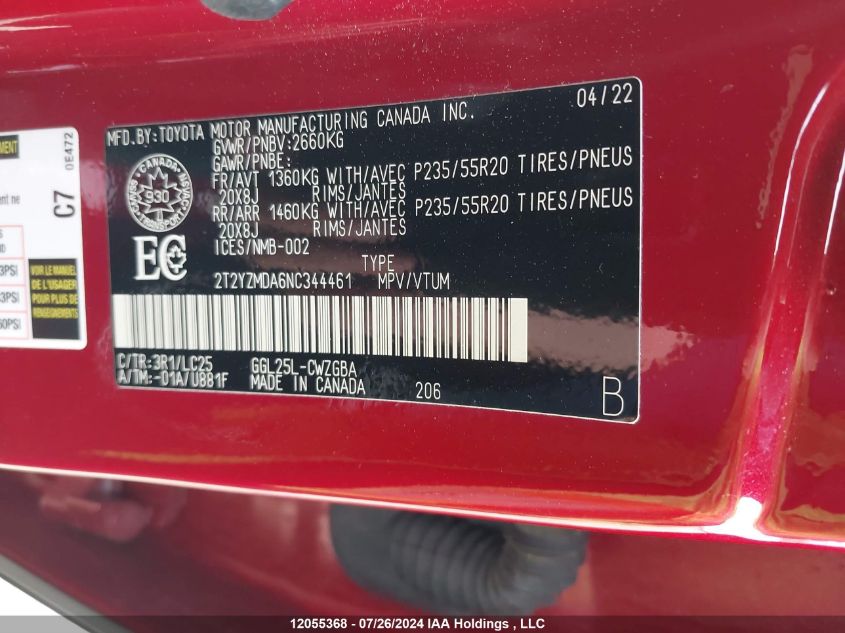 2022 Lexus Rx 350 VIN: 2T2YZMDA6NC344461 Lot: 12055368