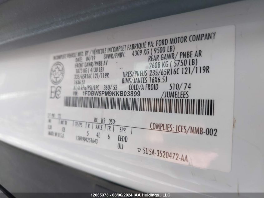 2019 Ford Transit T-350 VIN: 1FDBW5PM9KKB03899 Lot: 12055373