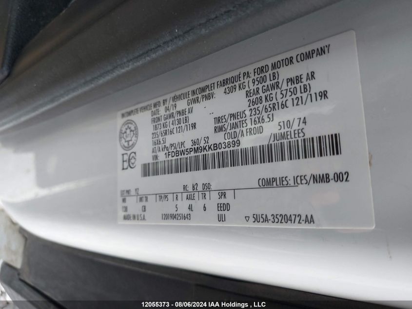 2019 Ford Transit T-350 VIN: 1FDBW5PM9KKB03899 Lot: 12055373