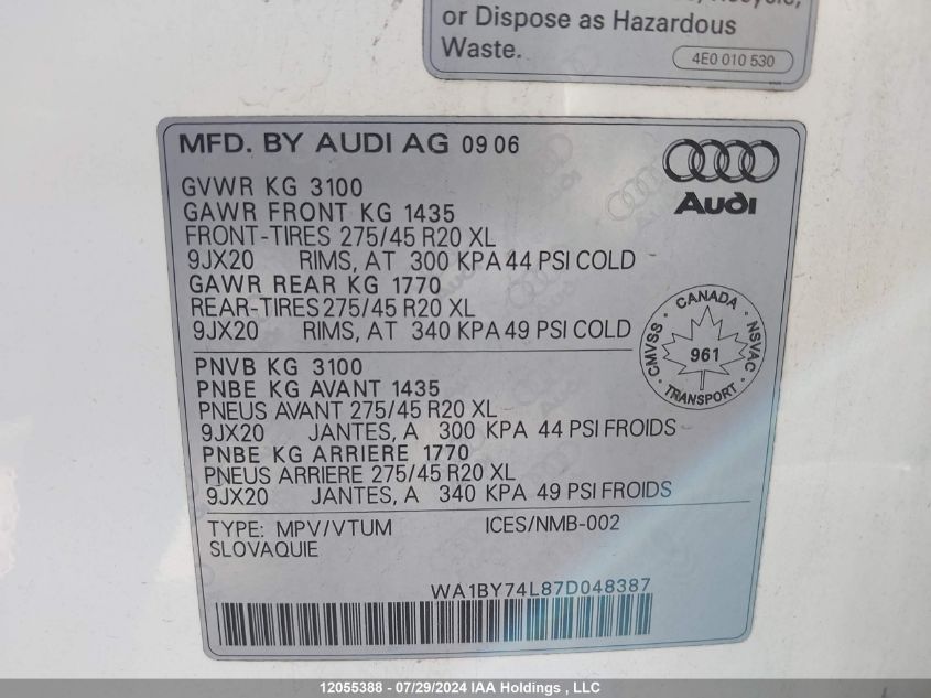 2007 Audi Q7 3.6 Quattro Premium VIN: WA1BY74L87D048387 Lot: 12055388