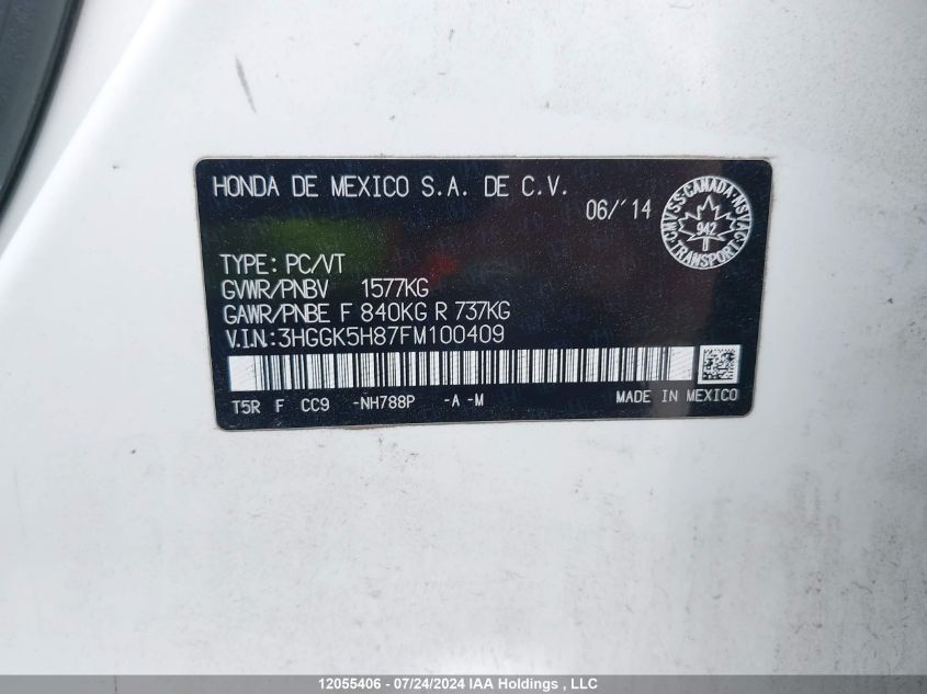 2015 Honda Fit VIN: 3HGGK5H87FM100409 Lot: 12055406