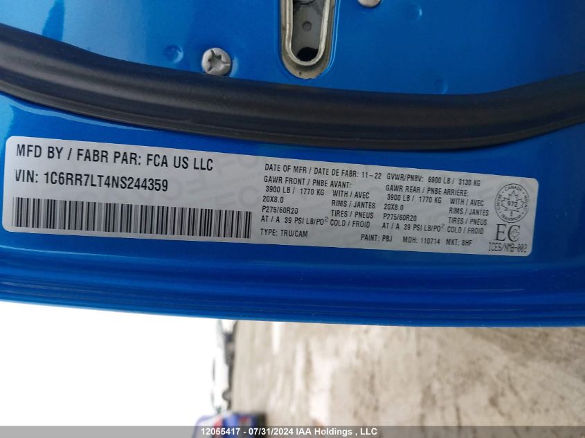2022 Ram 1500 Classic Slt VIN: 1C6RR7LT4NS244359 Lot: 12055417
