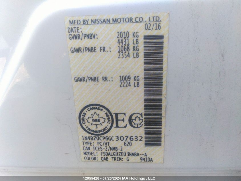 2016 Nissan Leaf VIN: 1N4BZ0CP6GC307632 Lot: 12055426