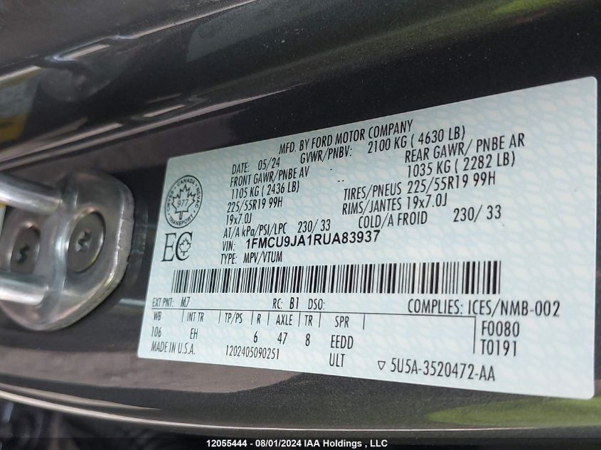 2024 Ford Escape Platinum VIN: 1FMCU9JA1RUA83937 Lot: 12055444