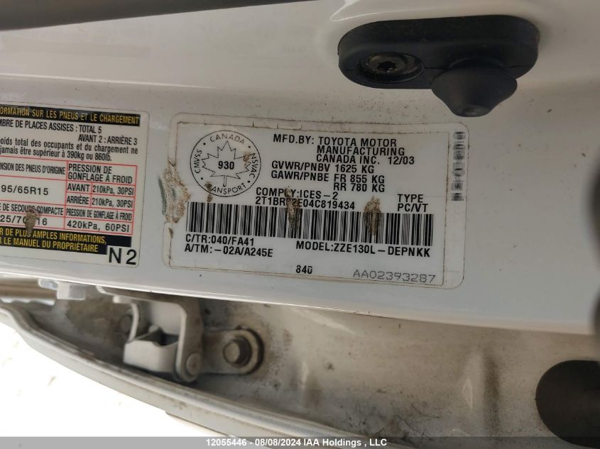 2004 Toyota Corolla Ce/Le/S VIN: 2T1BR32E04C819434 Lot: 12055446