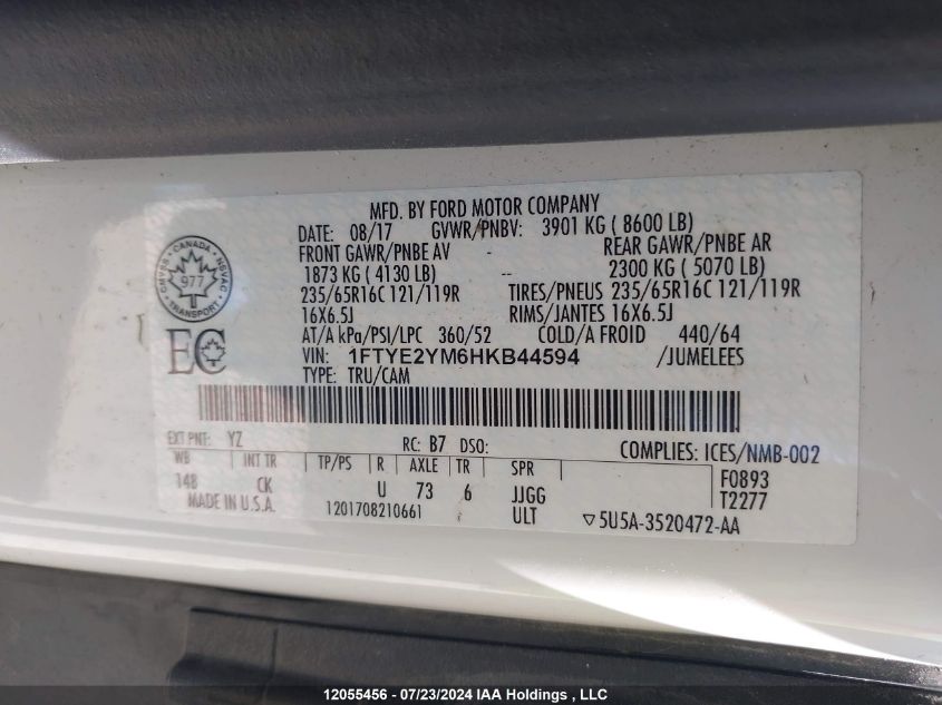 2017 Ford Transit T-150 VIN: 1FTYE2YM6HKB44594 Lot: 12055456