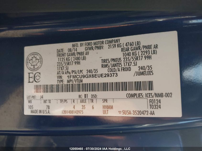 2014 Ford Escape Se VIN: 1FMCU9GX6EUE29373 Lot: 12055465