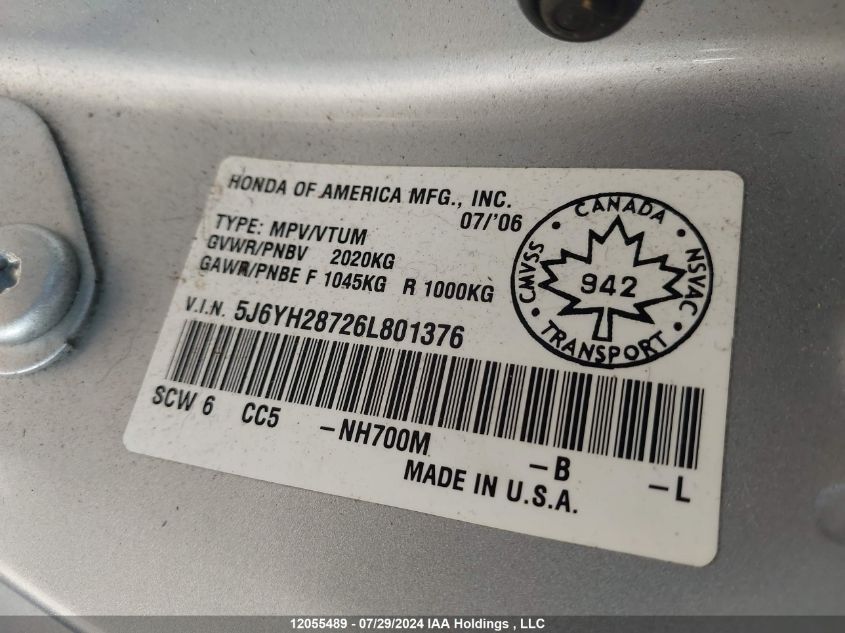 2006 Honda Element Ex VIN: 5J6YH28726L801376 Lot: 12055489
