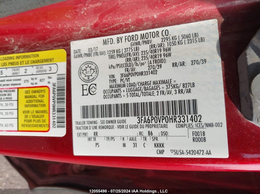 2017 Ford Fusion VIN: 3FA6P0VP0HR331402 Lot: 12055498