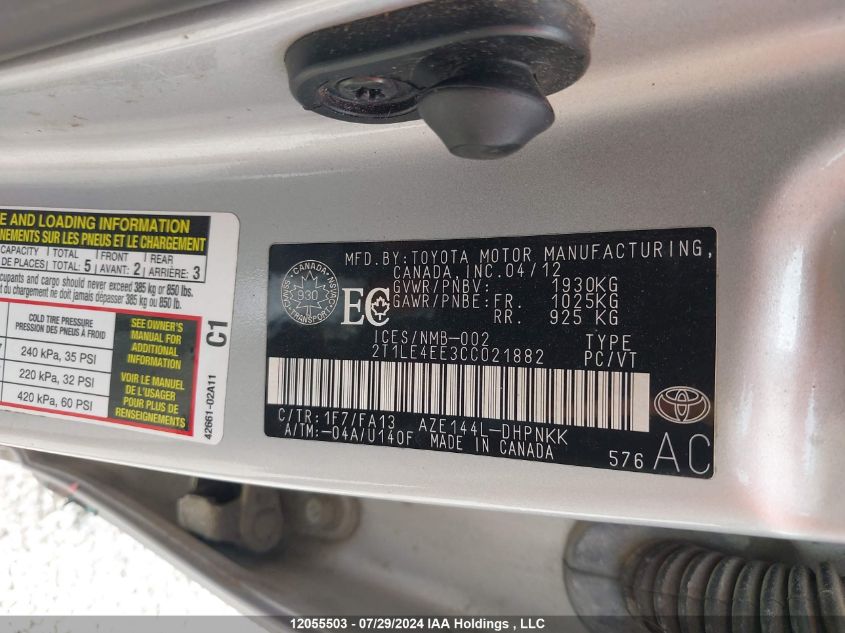 2012 Toyota Matrix VIN: 2T1LE4EE3CC021882 Lot: 12055503