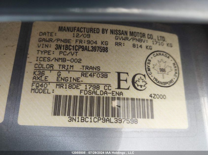 2010 Nissan Versa S/Sl VIN: 3N1BC1CP9AL397598 Lot: 12055505