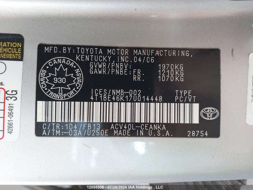 2007 Toyota Camry VIN: 4T1BE46K17U014448 Lot: 12055506