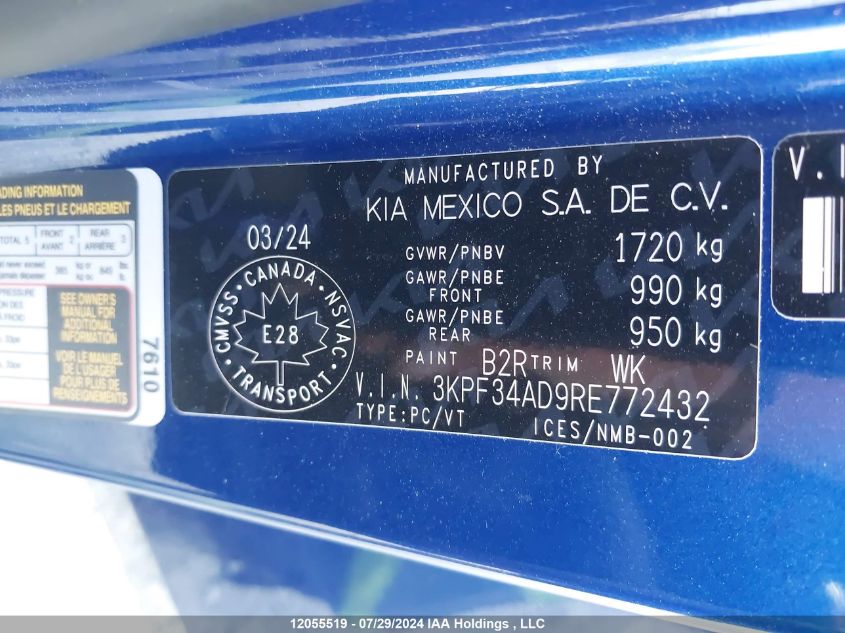 2024 Kia Forte Ex/Ex+/Ex Premium VIN: 3KPF34AD9RE772432 Lot: 12055519