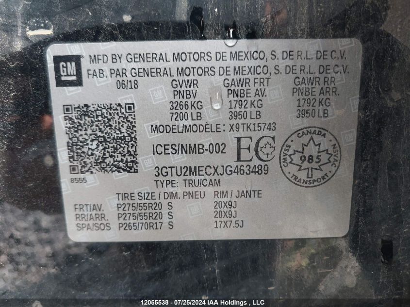 2018 GMC Sierra K1500 Sle VIN: 3GTU2MECXJG463489 Lot: 12055538