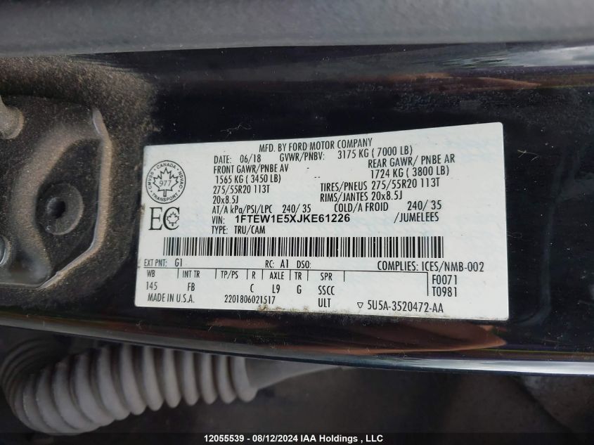 2018 Ford F-150 VIN: 1FTEW1E5XJKE61226 Lot: 12055539